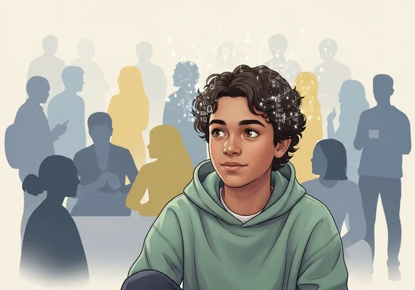 Teenager pondering social scene, indicating self-discovery.