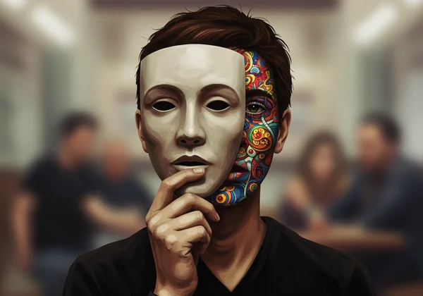 Abstract art of a person holding a plain mask over their face.