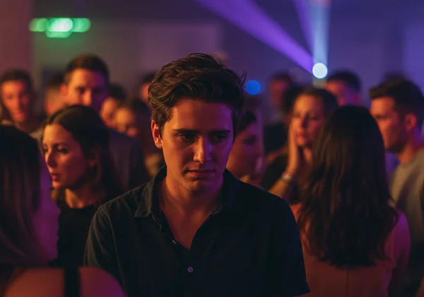 Person feeling awkward in a crowded social situation