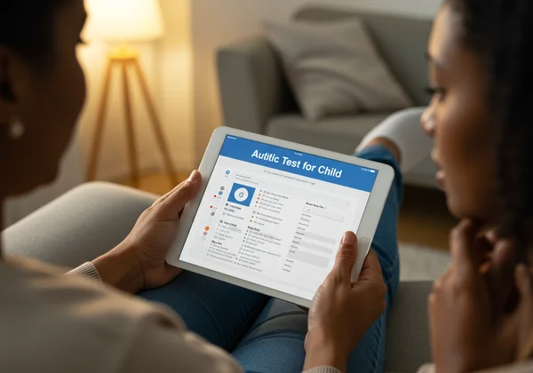 Parent using an online autism screening tool on a tablet