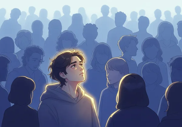 人群中若有所思的人像插画