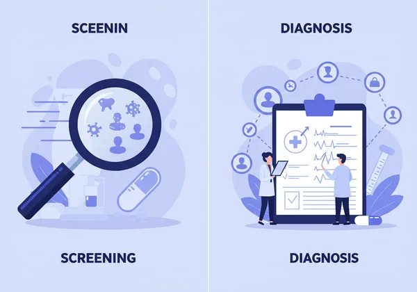 Visual yang menunjukkan "Saringan" sebagai pantas, "Diagnosis" sebagai mendalam.
