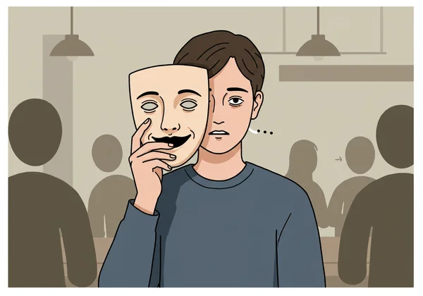 Person holding a mask, revealing tired face underneath