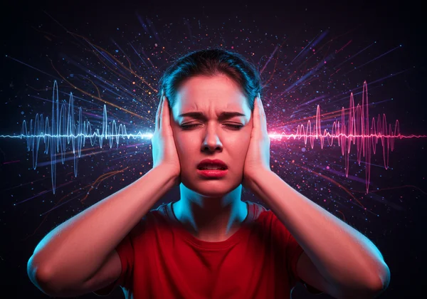 Person experiencing sensory overload from bright lights/noise