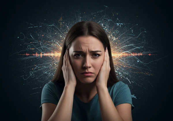 Woman overwhelmed by bright lights and sounds.