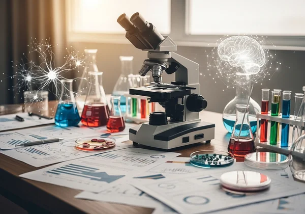 Scientific tools and research documents on a laboratory desk