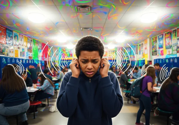 Teen experiencing sensory overload in a busy environment.