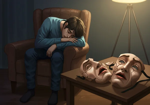 A person sitting looking drained, with a mask cracking beside them.