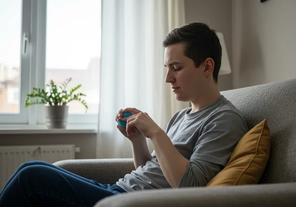A person calmly stimming in a safe, comfortable environment.