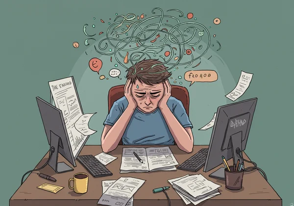Person overwhelmed by disorganization, illustrating executive dysfunction.