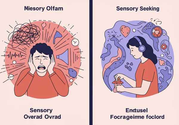 Illustration contrasting sensory overload with sensory seeking behaviors.